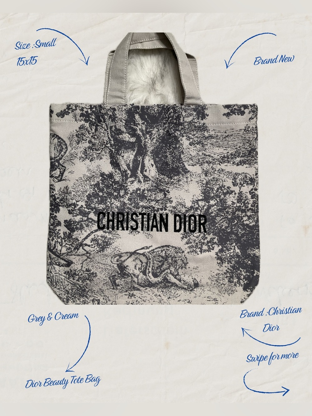 Christian Dior Beauty | VIP Novelty Toile De Jouy Canvas Tote Bag Grey -NEW